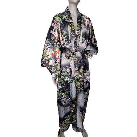 Vintage Silky Satin Black Garden Floral Belted Boho Kaftan Kimono Robe OSFM - Picture 6 of 10